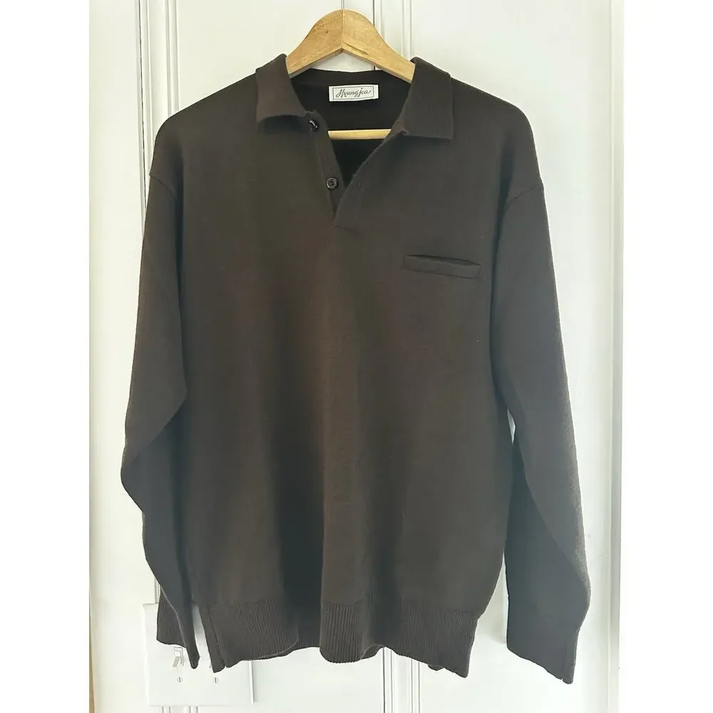 Vintage Hyungjea‎ 100% Wool Polo Sweater Mens Medium Brown Knit Long Sleeve